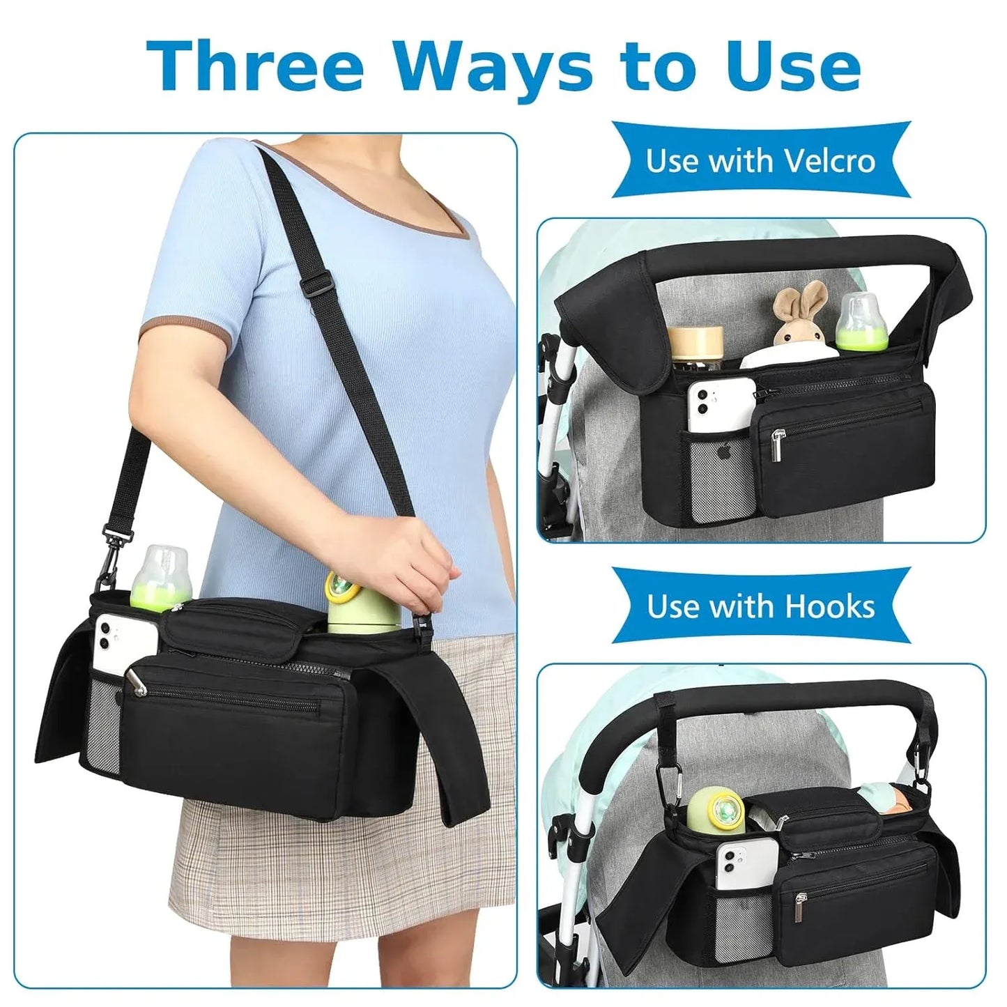 Universal Stroller Organizer, Insulated Cup Holders Detachable Phone Bag Large Storage, Black