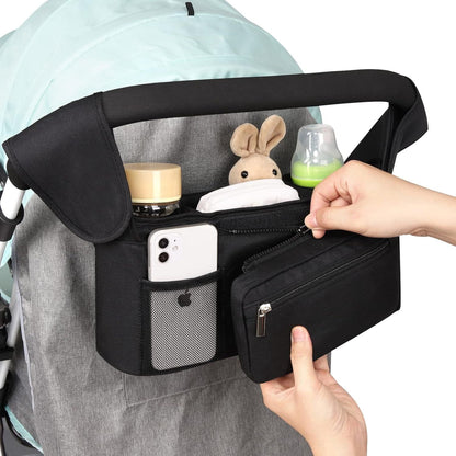 Universal Stroller Organizer, Insulated Cup Holders Detachable Phone Bag Large Storage, Black
