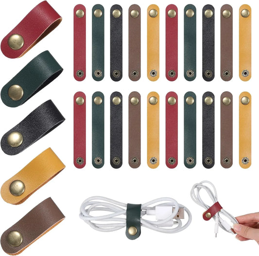 20 Pcs PU Leather Cable Organizer Straps, Reusable Snap Cord Keepers, Multicolor 5 Colors