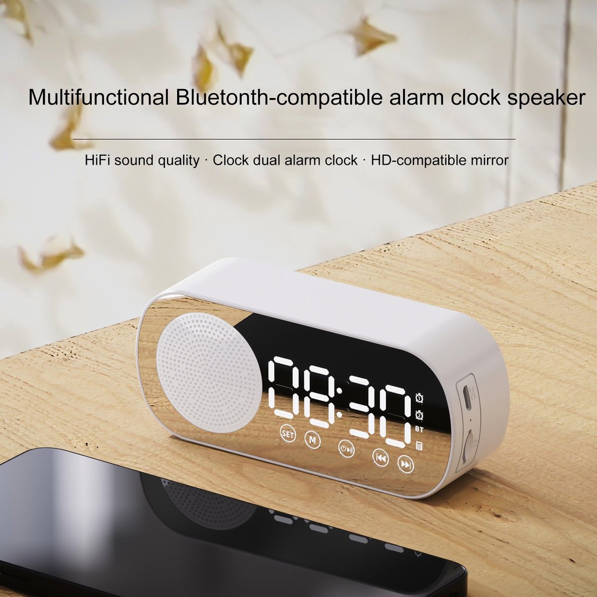 Bluetooth speaker alarm clock - with LED mirror display, radio, weather forecast - two high-volume alarms - suitable for deep sleepers - white