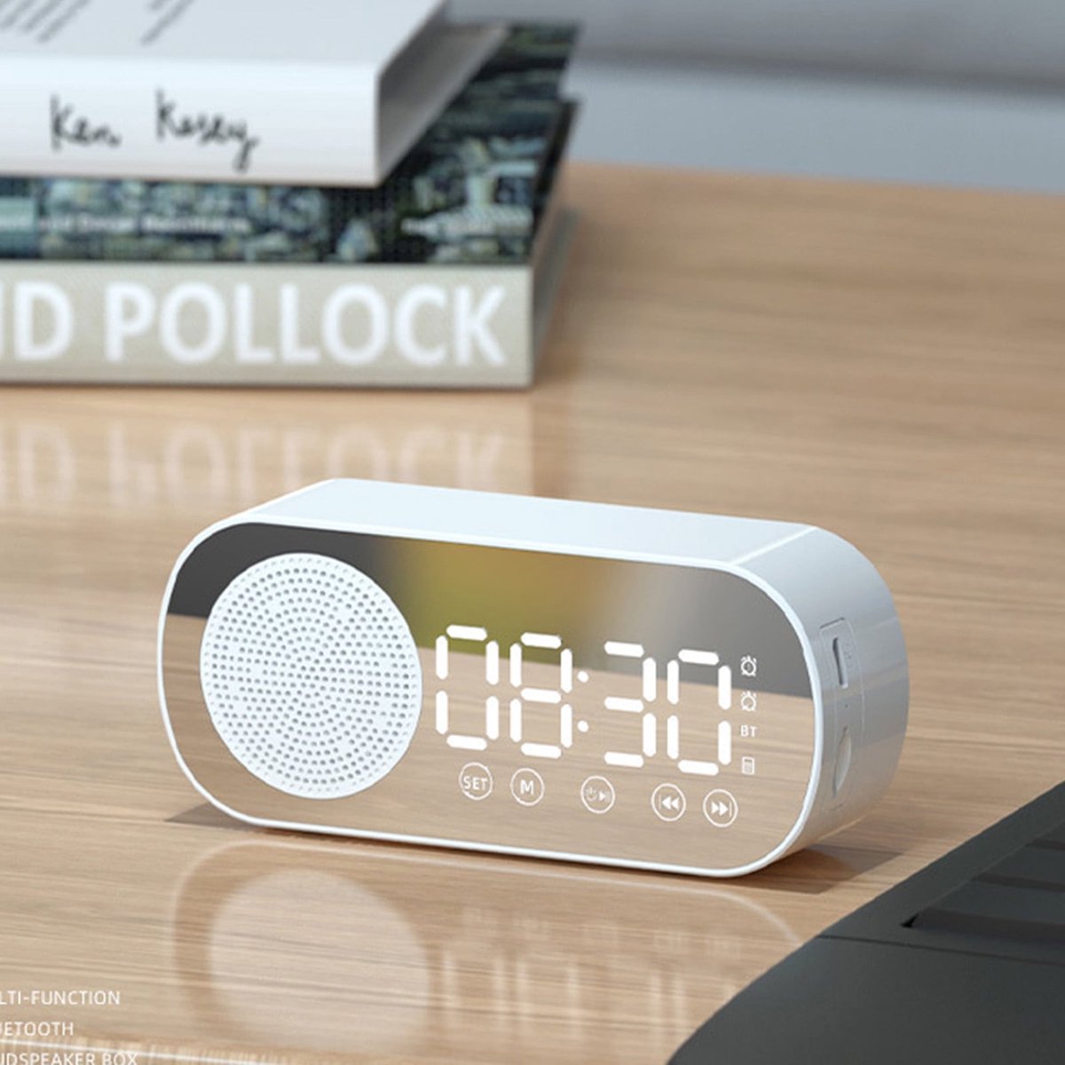 Bluetooth speaker alarm clock - with LED mirror display, radio, weather forecast - two high-volume alarms - suitable for deep sleepers - white