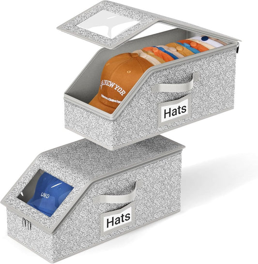 2-Pack Storage Boxes for Caps - Storage Solution for Up to 24 Baseball Caps - Stackable 2-in-1 Hat Box