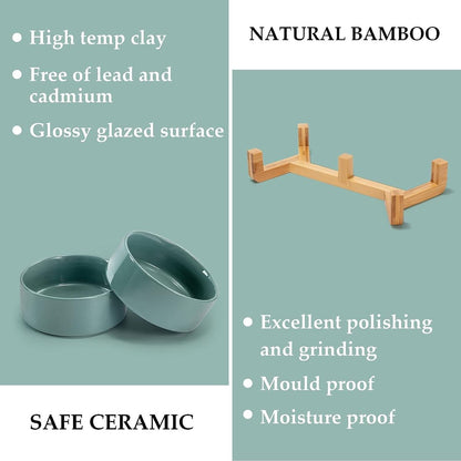 Cat Litter Box - Dog Bowl - Ceramic Food Bowl Set for Cat and Dog - With Wooden Base, Modern and Cute Design, Weighted and Non-Slip - Suitable for food and water - Suitable for cats, small dogs, and puppies (Capacity: 390 ml / Diameter: 13 cm)