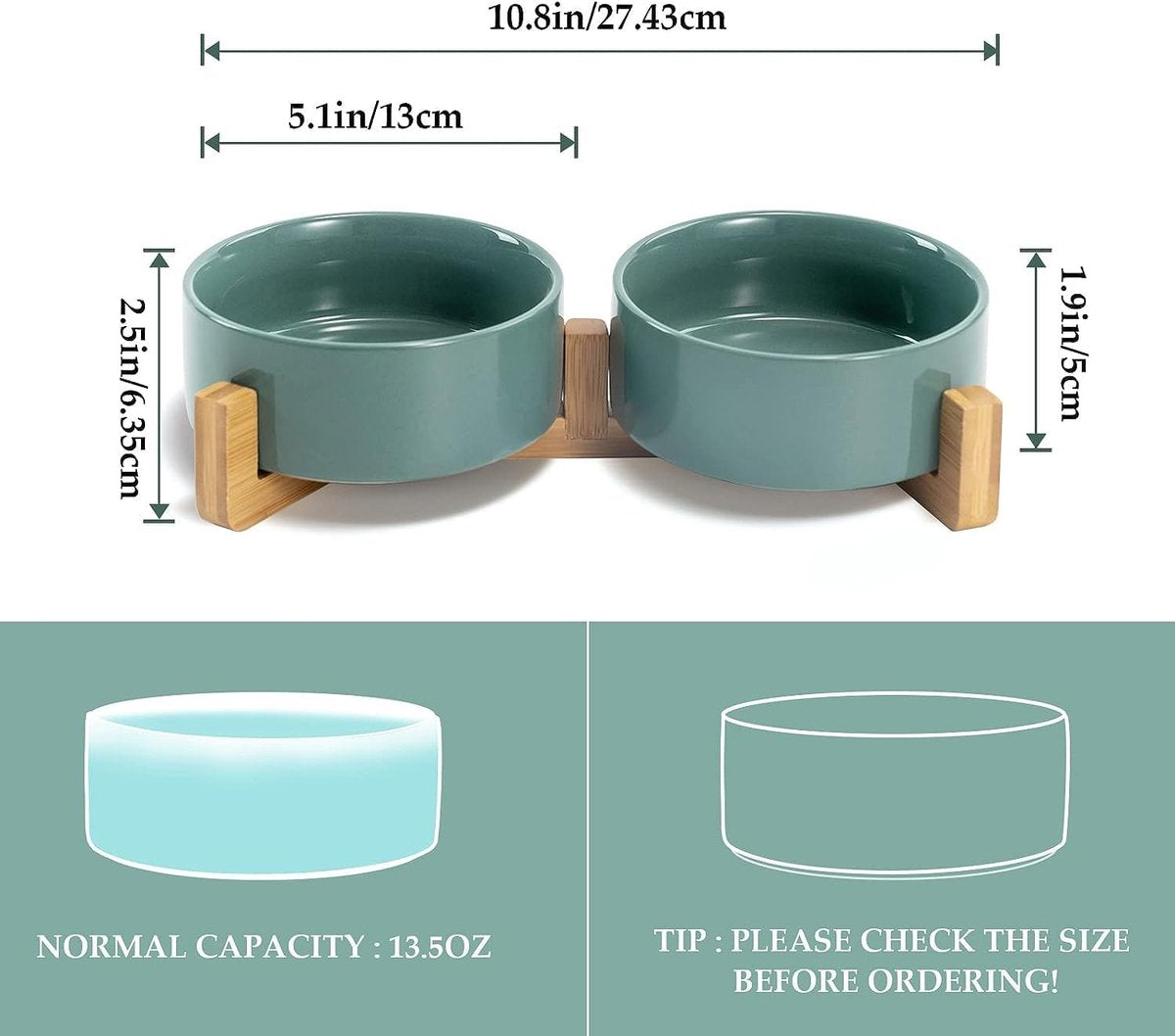 Cat Litter Box - Dog Bowl - Ceramic Food Bowl Set for Cat and Dog - With Wooden Base, Modern and Cute Design, Weighted and Non-Slip - Suitable for food and water - Suitable for cats, small dogs, and puppies (Capacity: 390 ml / Diameter: 13 cm)