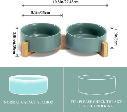 Cat Litter Box - Dog Bowl - Ceramic Food Bowl Set for Cat and Dog - With Wooden Base, Modern and Cute Design, Weighted and Non-Slip - Suitable for food and water - Suitable for cats, small dogs, and puppies (Capacity: 390 ml / Diameter: 13 cm)