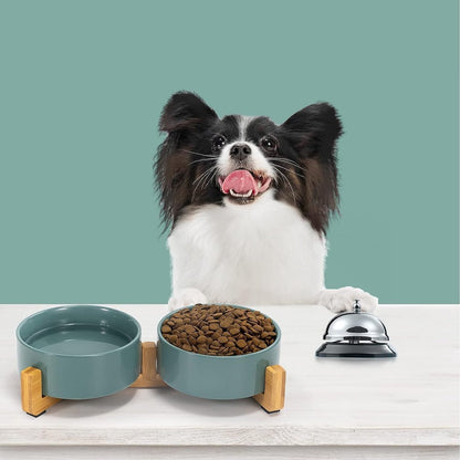 Cat Litter Box - Dog Bowl - Ceramic Food Bowl Set for Cat and Dog - With Wooden Base, Modern and Cute Design, Weighted and Non-Slip - Suitable for food and water - Suitable for cats, small dogs, and puppies (Capacity: 390 ml / Diameter: 13 cm)