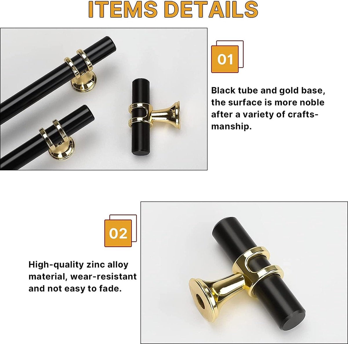 Cabinet Knobs - Drawer Knobs and Handles - 2 Pieces - Black and Gold, Single-Drill Design - Zinc Alloy - Suitable for Kitchen, Dressing Table, and Other Furniture