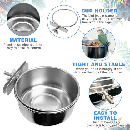 Parrot feeder - Bird food bowl - Stainless steel water bowl for bird cage with clip holder - Suitable for birds and hamsters - 10 cm - 2 pieces