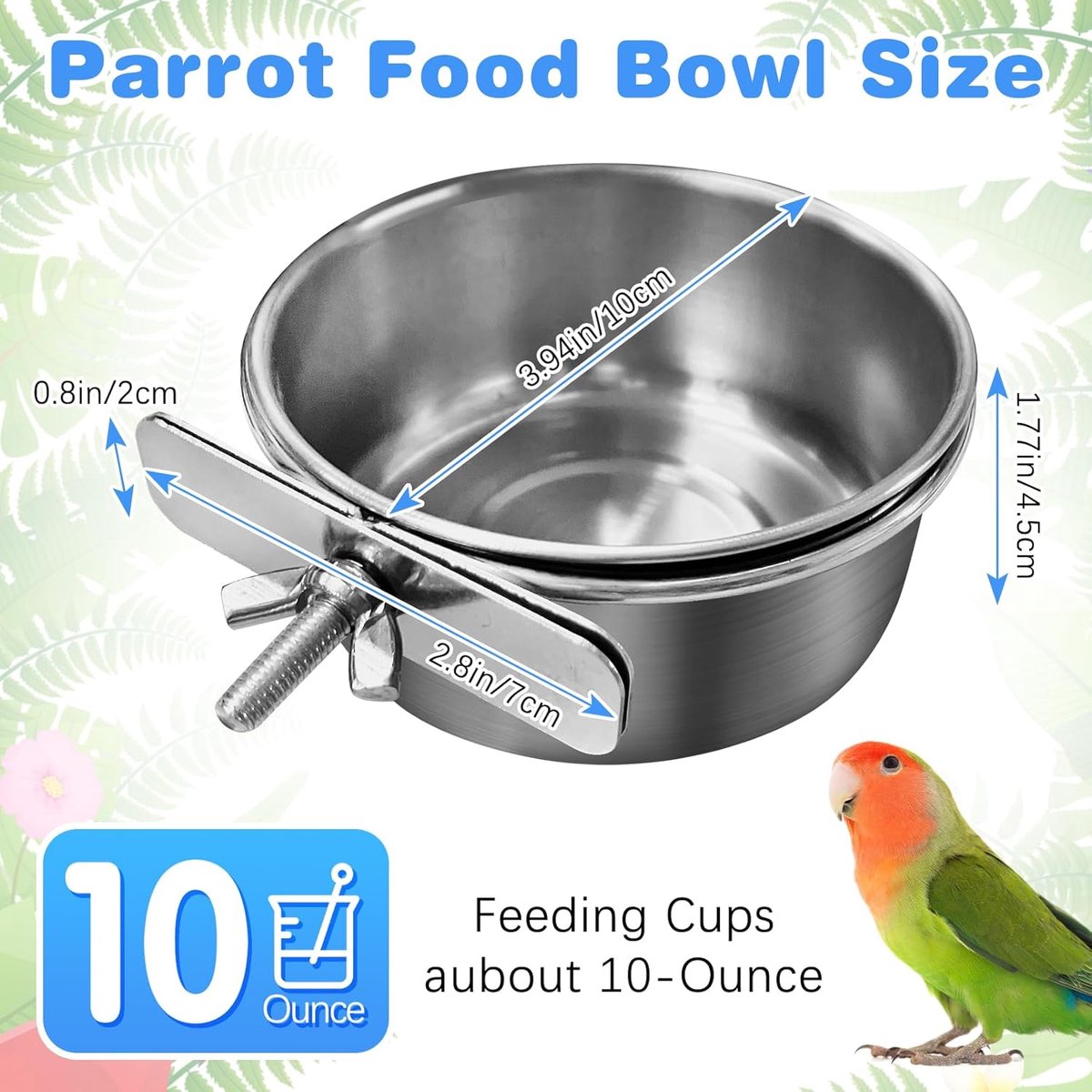 Parrot feeder - Bird food bowl - Stainless steel water bowl for bird cage with clip holder - Suitable for birds and hamsters - 10 cm - 2 pieces