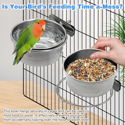 Parrot feeder - Bird food bowl - Stainless steel water bowl for bird cage with clip holder - Suitable for birds and hamsters - 10 cm - 2 pieces