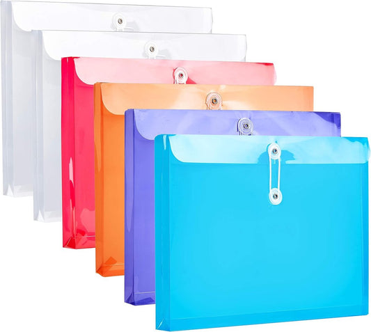 10 pieces plastic letter-sized envelopes with random color button and drawstring closure, 1-1/6" expansion, side loader, reusable transparent folder, project folder, document organizer for office, school, and home