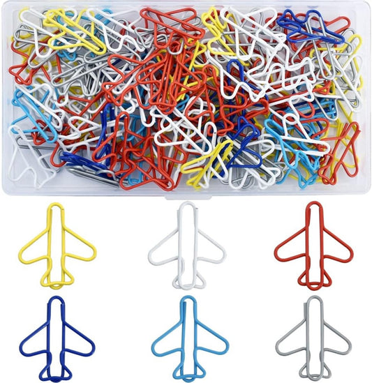 Paperclips - Pack of 100, creative paperclips in the shape of a small airplane in rainbow colors - Available in multiple colors - Fun metal bookmarks in the shape of a small airplane