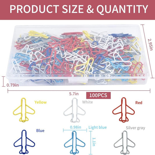 Paperclips - Pack of 100, creative paperclips in the shape of a small airplane in rainbow colors - Available in multiple colors - Fun metal bookmarks in the shape of a small airplane