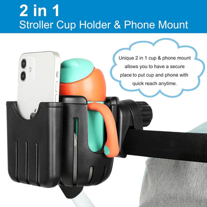 Stroller cup holder - Bicycle cup holder - Universal cup holder - 2-in-1 cup holder and phone holder - Suitable for strollers, bicycles, walkers, and wheelchairs