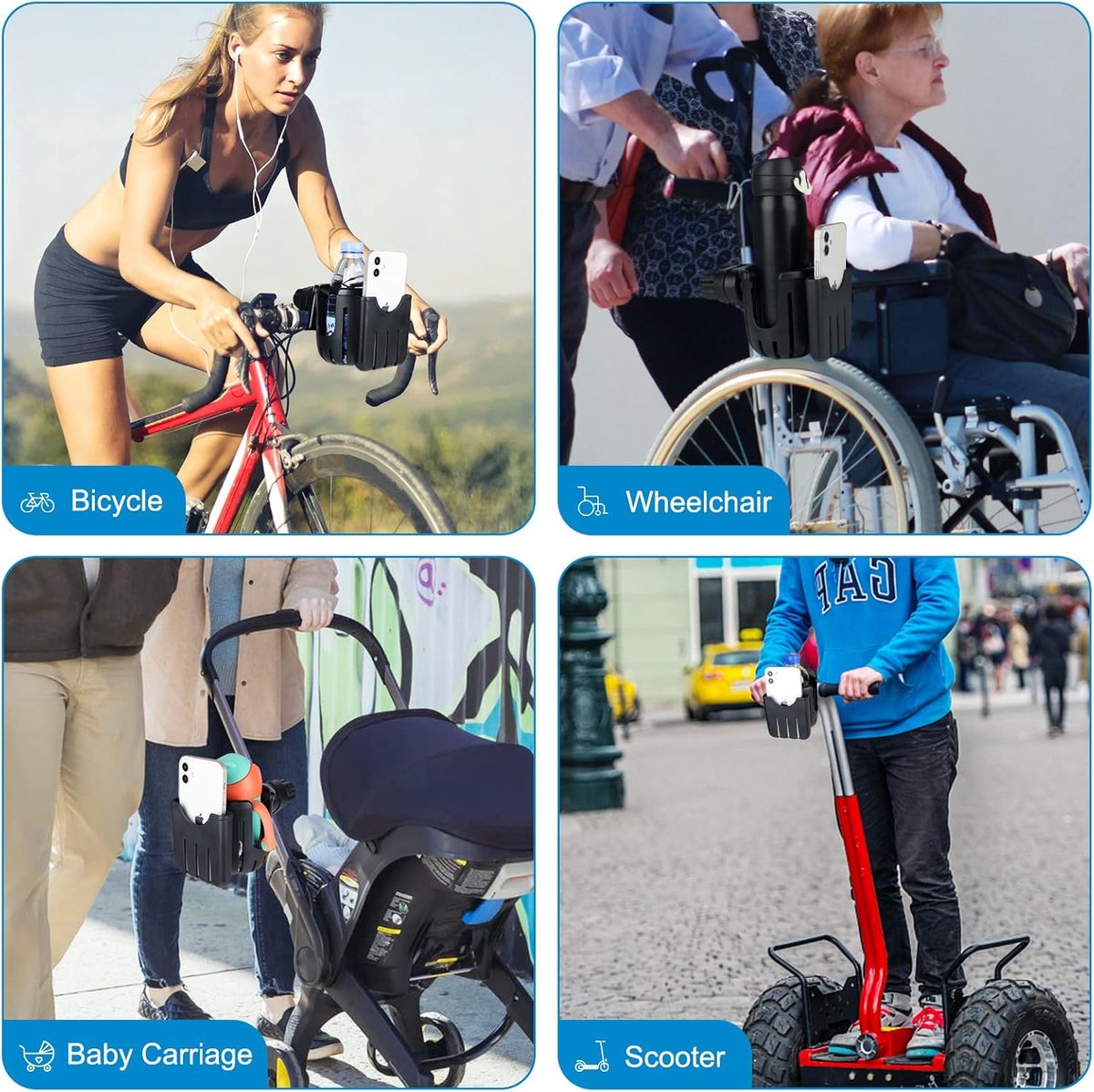 Stroller cup holder - Bicycle cup holder - Universal cup holder - 2-in-1 cup holder and phone holder - Suitable for strollers, bicycles, walkers, and wheelchairs