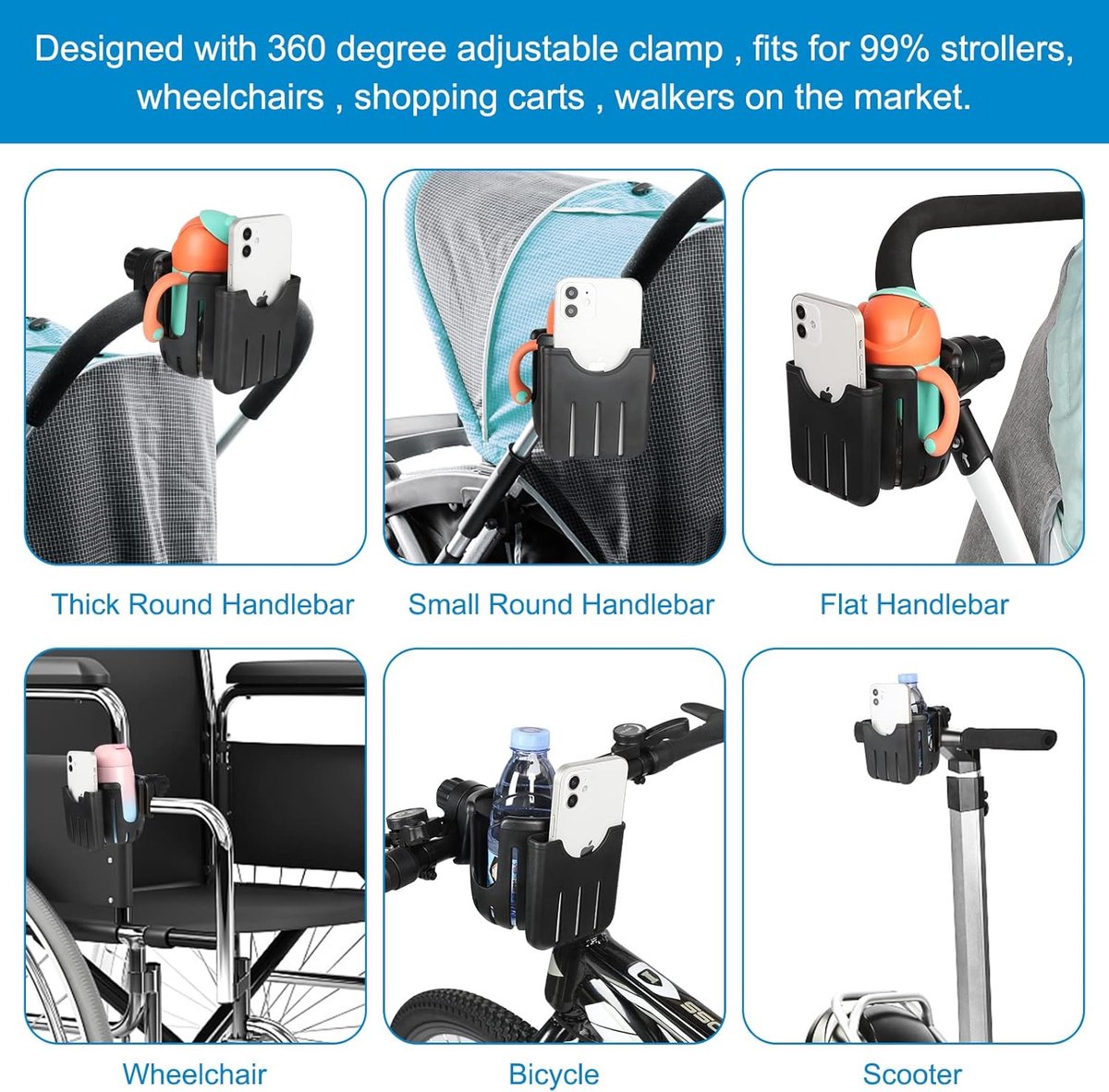 Stroller cup holder - Bicycle cup holder - Universal cup holder - 2-in-1 cup holder and phone holder - Suitable for strollers, bicycles, walkers, and wheelchairs