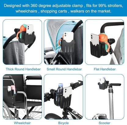 Stroller cup holder - Bicycle cup holder - Universal cup holder - 2-in-1 cup holder and phone holder - Suitable for strollers, bicycles, walkers, and wheelchairs