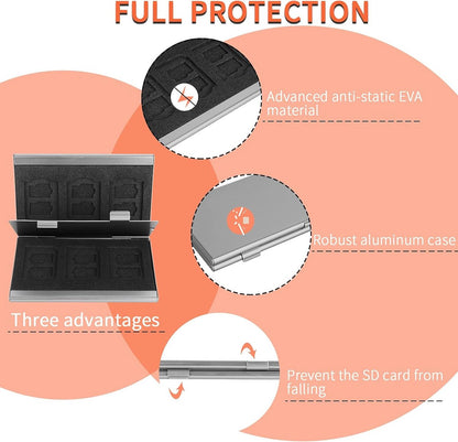 SD card holder - SD card holder - Memory card holder - Aluminum alloy hard shell - Dual layer capacity for 6 SD cards and 12 TF cards Silver color