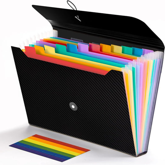 Project Folder - A4 - Foldable File Folder with Tabs - 13 Compartments - Storage Folder/Sorting Folder - Compartment Folder - Durable Plastic Document Folder - Writing Folder with Buckle - Conference Folder - Work Folder - Document Folder - Black - Portab