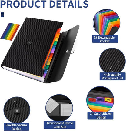 Project Folder - A4 - Foldable File Folder with Tabs - 13 Compartments - Storage Folder/Sorting Folder - Compartment Folder - Durable Plastic Document Folder - Writing Folder with Buckle - Conference Folder - Work Folder - Document Folder - Black - Portab