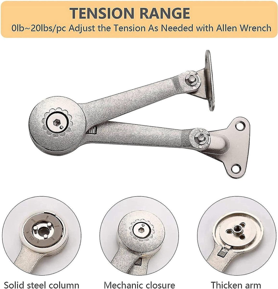 Flap Hinge - With Screws and Allen Key - High Load Capacity - 2 Pieces - Nickel-Plated - Support - Kitchen Cabinet Hinge - Furniture Hinge - Overlay Hinge - Hinge - Flap Supports - Lid Support Hinge - Sturdy & Durable