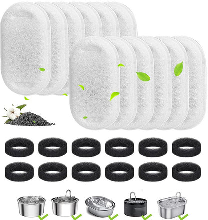 Cat Drinking Fountain Filters - 24 x Cat Fountain Filters - Filter Cartridges for Pet Water Dispensers - Drinking Fountain Filter Refills - Water Filter & Sponge Filter - Cat Water Fountain Accessories - 12 Cat Fountain Filters and 12 Pump Sponges