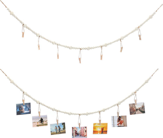 Photo Garland - Hanging Card/Photo Garland - Photo Rope 120 Cm - Photo Hanging Display With 7 Photo Clips - DIY Photo Frame - Wall Decoration - Boho Wooden Bead Hanging Photo Frames - For Hanging Photo Postcards - 2 Pieces