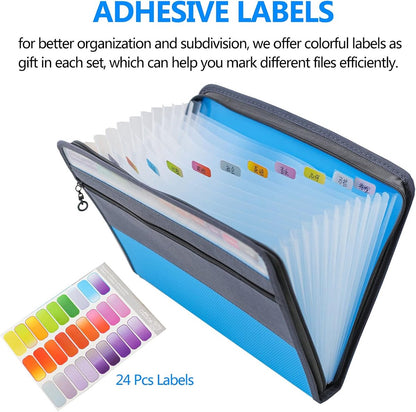 Project Folder - A4 - Foldable File Folder with Tabs - 13 Compartments - Storage Folder/Sorting Folder - Compartment Folder - Durable Plastic Document Folder - Writing Folder with Zipper - Conference Folder - Work Folder - Document Folder - Blue - Portabl