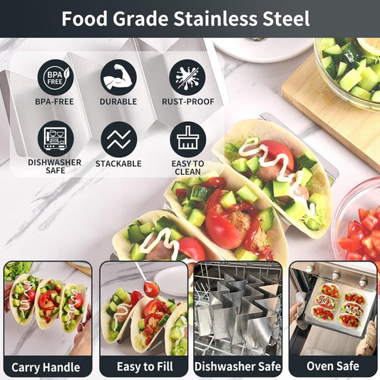 Taco Holder with 3 Compartments - Set of 2 - Stainless Steel - Taco Holder - Tortilla Holder - Tortilla Stand - Taco Rack - Taco and Tortilla Rack - Oven Safe - For 6 Tacos - Serving Dishes - Cooking & Dining - Cookware