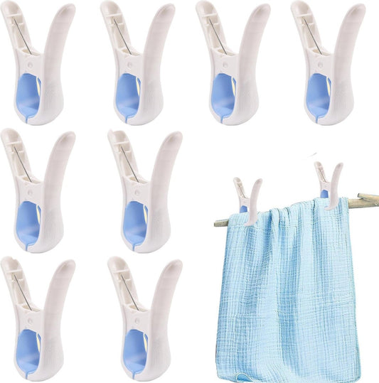 Clothes Pegs - 8 Pieces - Clothes Rack Pegs - Plastic Clothes Pegs - Synthetic Clothes Pegs - Large Towel Pegs - Plastic Pegs - Beach Towel Pegs - Large Towel Clips - Bath Towel Clips - Indoor and Outdoor - Durable - Opening 4 Cm - Blue