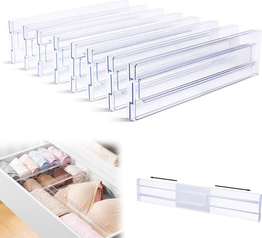Drawer Divider - 8 Pieces - Drawer Organizer - Cutlery Organizer - Storage System - Drawer Trays - For Kitchen/Bedroom/Office/Clothing - Easy to Install - Organizers - Adjustable - Extendable - Plastic - Multifunctional - Transparent
