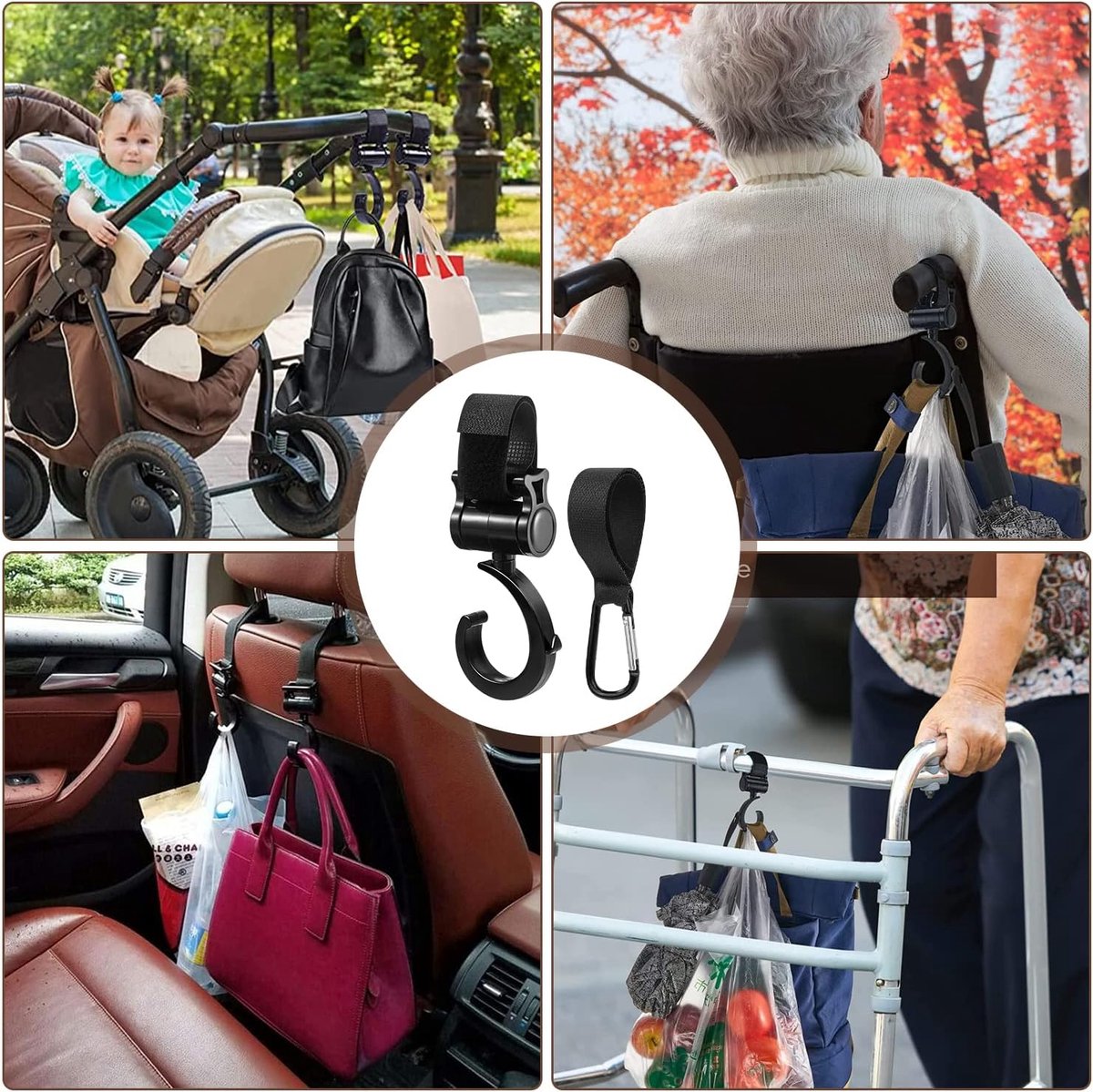 4 Stroller Bag Hooks - Bag Hook - Stroller Straps - Buggy Hook - Stroller Hooks - Multifunctional Velcro Hook - Large - Stroller Bag Hooks - Shopping Hook - Universal Bag Hook - Buggy Bag Hooks - Buggy Accessories