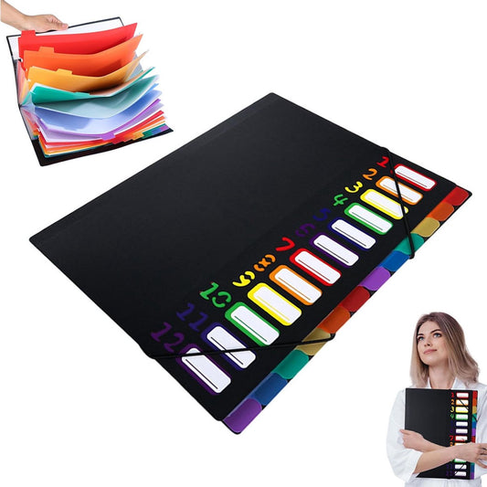 A4 Expandable Project Folder - A4 Sorting Folder - 12 Compartments - File Folder with Tabs - Compartment Folder - Desk Folder - Storage Folder - Document Folder - Work Folder - Clear Classification - Black