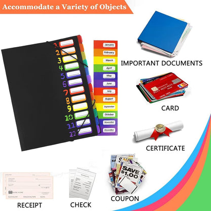 A4 Expandable Project Folder - A4 Sorting Folder - 12 Compartments - File Folder with Tabs - Compartment Folder - Desk Folder - Storage Folder - Document Folder - Work Folder - Clear Classification - Black