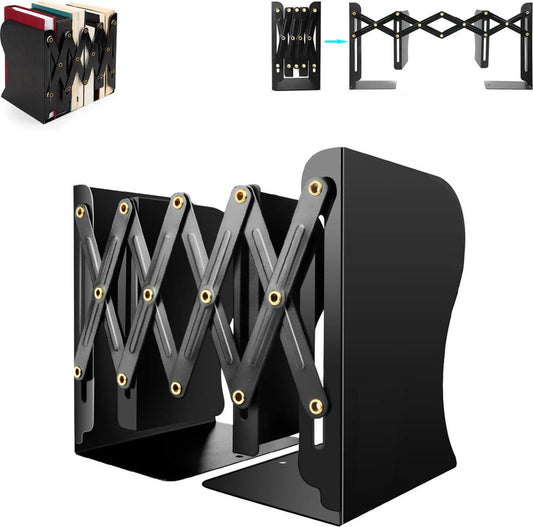 Bookend - Book Stand - Book Holder - Book Support - Bookends - Magazine Holder - Adjustable - Stylish Design - Non-Slip Feet - Multifunctional Use - For Shelves, Office, Library, Home and School - Metal - Black