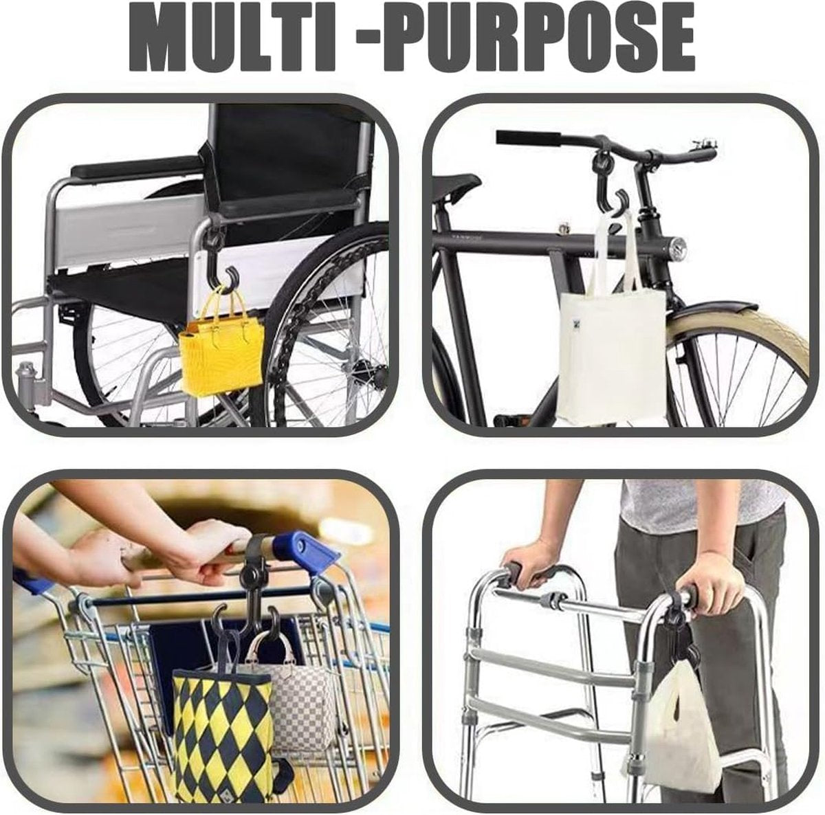 Stroller Bag Hooks - 6 Pieces - Bag Hook - Bag Hanger - Buggy Hooks - Baby Stroller - Diaper Bag Hook - Shopping Hook - Hooks for Bags - Universal Hook - Buggy Hook - Extra Sturdy - For Stroller, Buggy, Wheelchair - Black