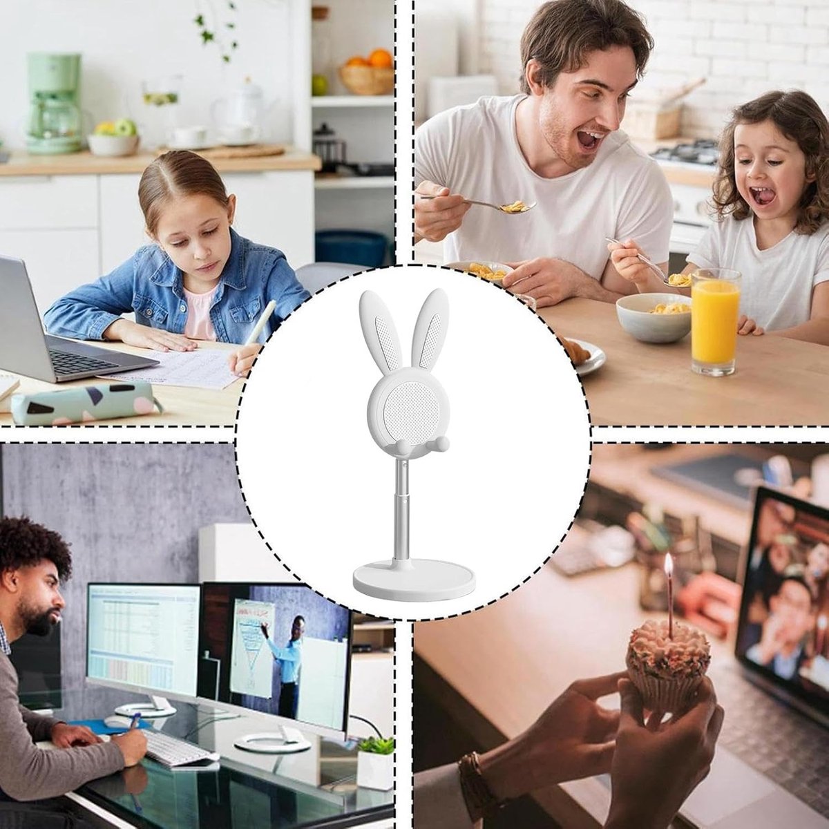 Phone Stand - Mobile Phone Stand - Phone Holder - Stand - For Desk - Angle Adjustable - Desk Holder Support - Cute Rabbit - Universal - For Mobile Phones And Tablets - White