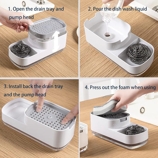 Soap Pump - 2 In 1 - Sponge Holder - Soap Dispenser - Drying Rack - Includes Sponge - ABS - Countertop - Push-Type - Kitchen Accessory - Sink - Gadgets - Sink Organizer - Countertop Organizer - Small Soap Pump - Doing the Dishes - Clean - Very Practical!
