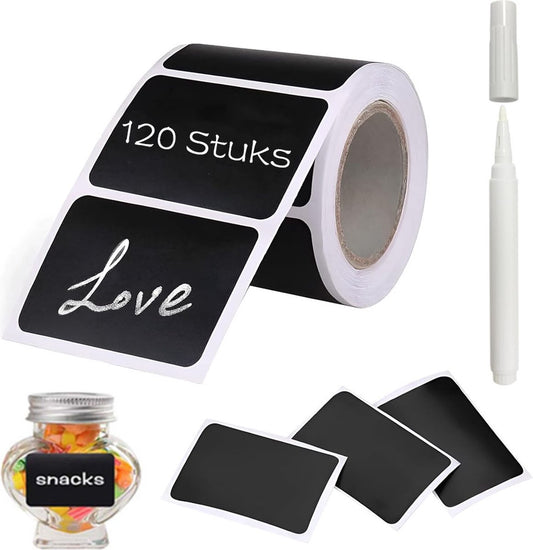 Chalkboard Stickers on a Roll - 120 Stickers - Chalk Sticker - 5.5 x 3.5 cm - Blackboard Label - Blackboard Sticker - Spice Stickers - Spice Labels - Spice Jars - Kitchen Labels - Household Labels - Label Stickers - Incl. 1 Chalk Marker