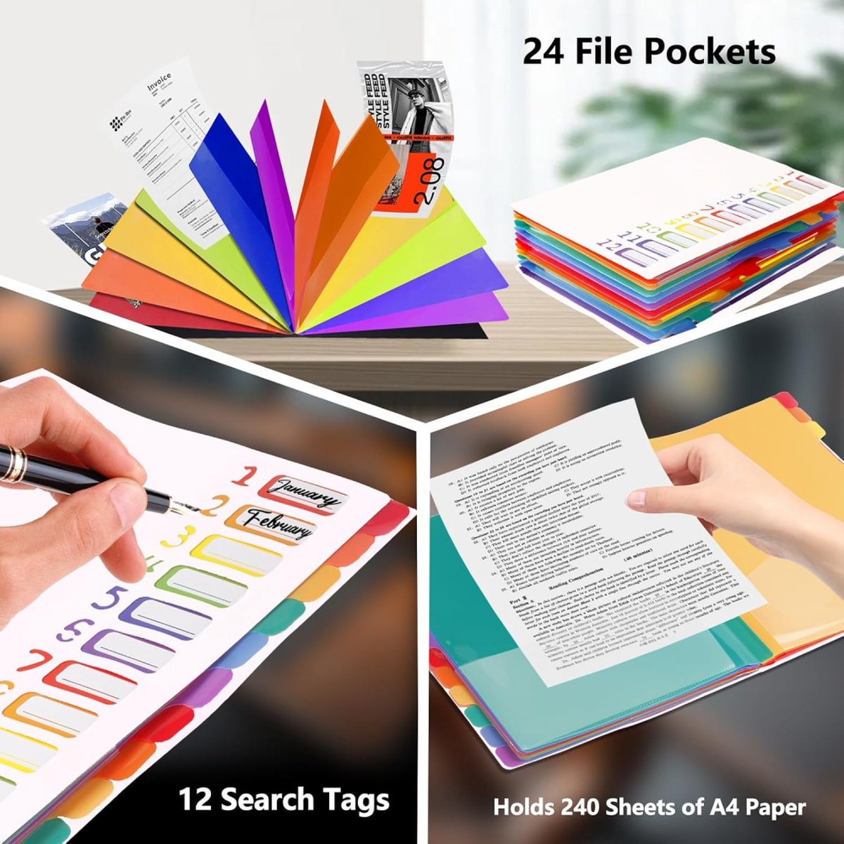 A4 Expandable Project Folder - A4 Sorting Folder - 12 Compartments - File Folder with Tabs - Compartment Folder - Desk Folder - Storage Folder - Document Folder - Work Folder - Clear Classification - White