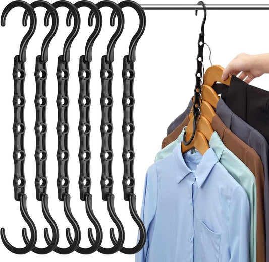 Clothes Hanger - 6 Pieces - Magic Clothes Hanger - Space-Saving Clothes Hanger - Wardrobe Hangers - 5 Slots - Multifunctional - Plastic - Wardrobe Organizer - Black - For 30 Garments - For Shirts, Trousers, Dresses, Jackets, Etc
