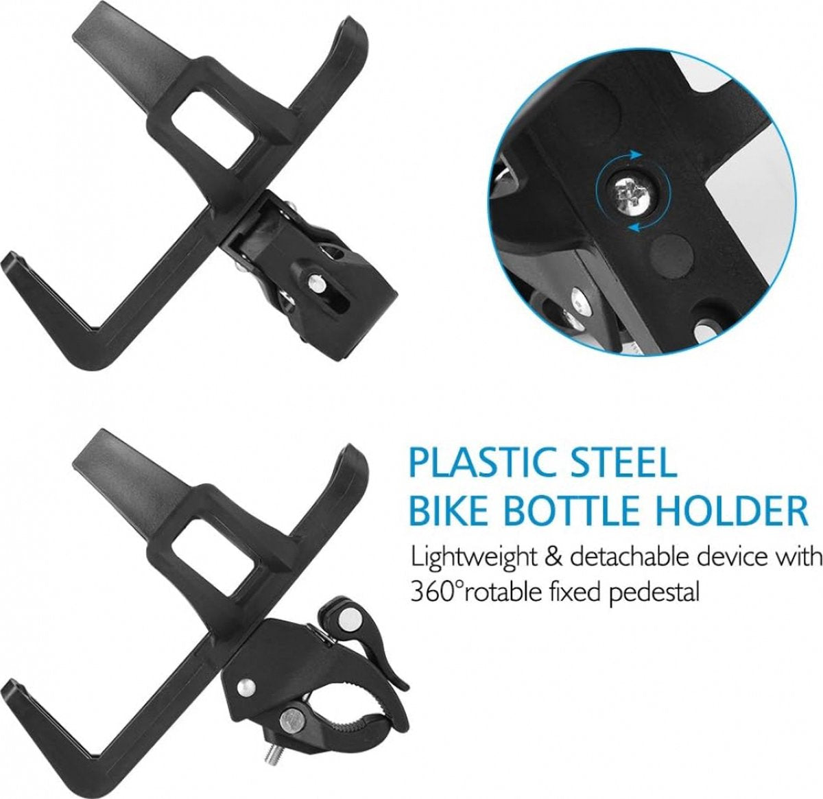 Bicycle Cup Holder - Bicycle Bottle Holder with Clamp - Universal Stroller Cup Holder - Buggy Cup Holder - Can Holder - Stroller Cup Holder - Wheelchair Cup Holder - 360° Rotation - For Bicycles, Mountain Bikes, Strollers, and Wheelchairs - Black
