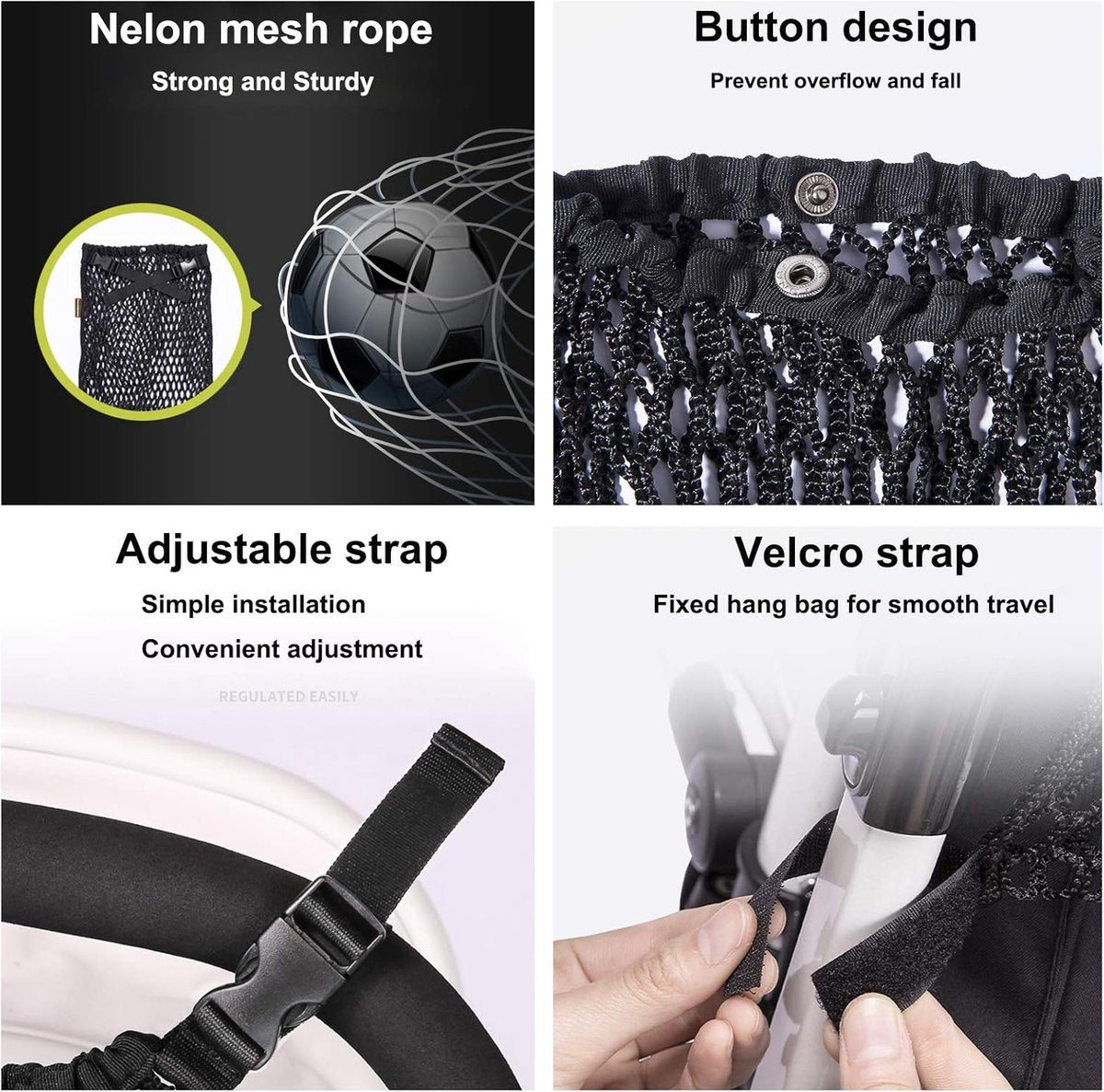 Stroller Net - Stroller/Buggy Net - Buggy Stroller Organizer - Universal - Buggy Bag Organizer - Hanging Mesh Storage Bag - Stretch Material - 35x30 Cm - Black - 1 Piece
