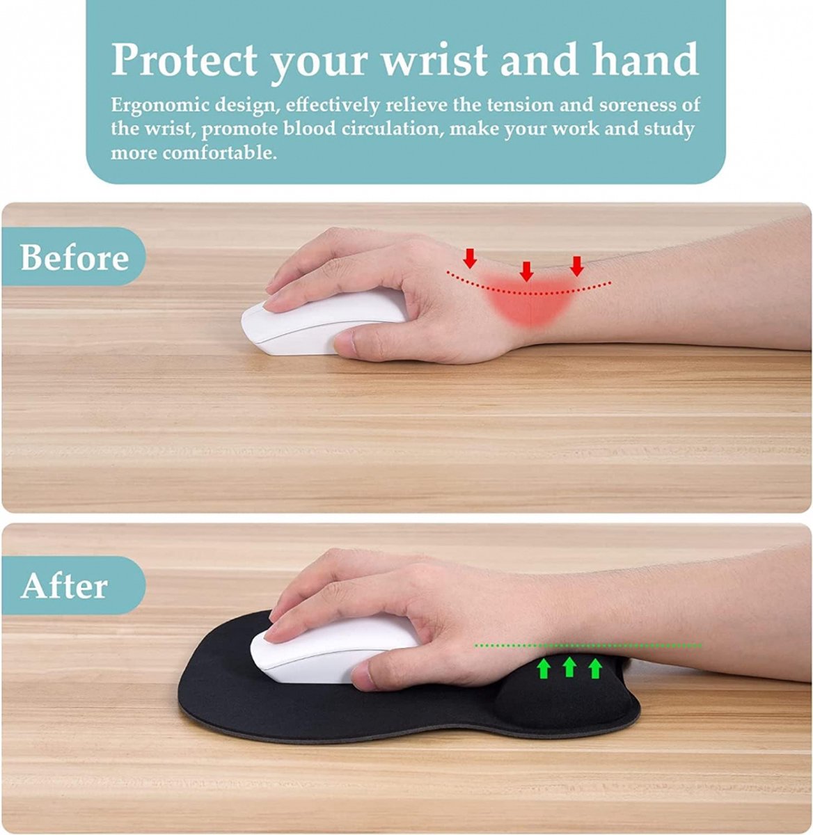 Mouse Pad with Wrist Rest - Ergonomic Mouse Pad - Gel Mouse Pad - Non-Slip - Prevent Wrist Fatigue - Suitable for Gaming, School, and Office - 24 x 21 cm - Black