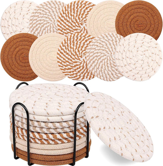 Set of 10 Round Coasters with Stand - Coaster Set - Thermal Insulation - Non-Slip Braided Cotton Coasters - Coasters for Glasses - for Glasses - For Drinks, Bar, Cups, Table Coasters - Khaki/White