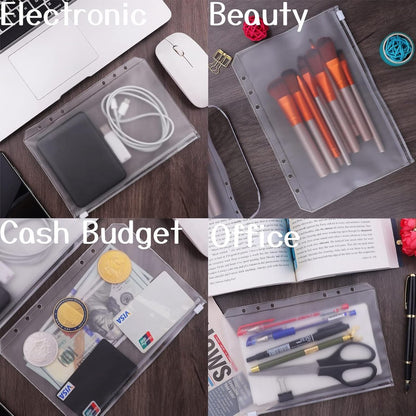 A5 (21x14.9cm) Binder Bags - 12 Pieces - Money Folders with Closure - 6 Holes Budget Cash Envelopes for Budgeting - Transparent Zipper Folder - Waterproof PVC Document Pouch Archiving - Transparent