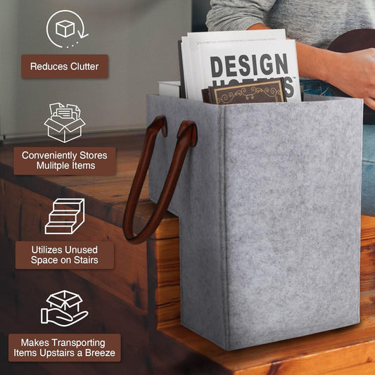 Stair Organizer Basket - Stair Basket - L-shaped foldable stair basket - Storage Bag - Felt Stair Basket - Laundry Basket - Toy Basket - Household Items - for Laundry, Toys - 42*42*25.5 cm - Light Grey
