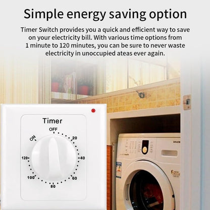 Countdown Switch - 120 minutes - Countdown timer switch - Mechanical countdown timer socket - time switch - timer light switch - with timer - timer socket - for bathroom extractor fan, garage, laundry room, storage room or spa - white