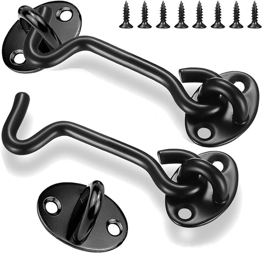 pieces - Wind hook - 3 inch - Wind hooks - Door hinges - Door bolt - Hinge - barn door hook - hook and eye bolt - cabin hooks and eye bolt - swivel window hook - door hooks - lock - for sliding door, bedroom, bathroom - 75*39 mm - black
