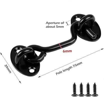 pieces - Wind hook - 3 inch - Wind hooks - Door hinges - Door bolt - Hinge - barn door hook - hook and eye bolt - cabin hooks and eye bolt - swivel window hook - door hooks - lock - for sliding door, bedroom, bathroom - 75*39 mm - black